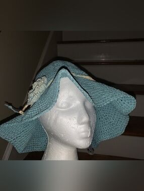 Boho Light Turquoise Brim Floppy Crochet Sun Hat with Floral Accent Women's